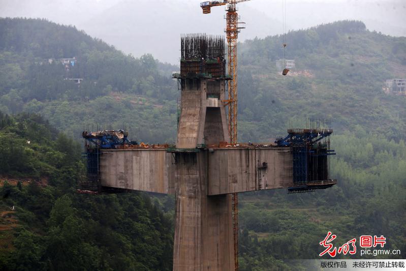 阿蓬江特大桥主跨桥墩塔柱封顶