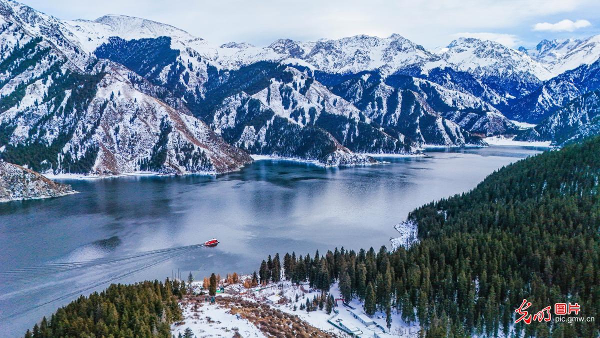 雪后云杉映天池 水墨丹青入画来